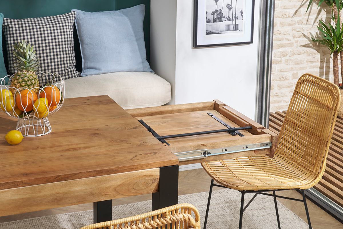 Table extensible rallonges int�gr�es rectangulaire en bois massif et m�tal noir L120-210 cm TRAP