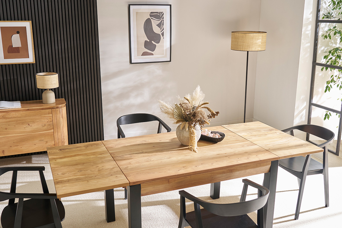 Table extensible rallonges int�gr�es rectangulaire en bois massif et m�tal noir L120-210 cm TRAP
