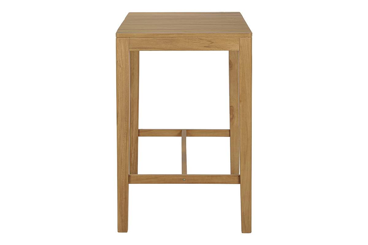 Table haute de jardin rectangulaire en bois teck massif vue de profil