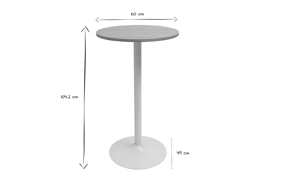 Table haute design ronde en bois clair ch�ne et m�tal blanc D60 cm CALISTA