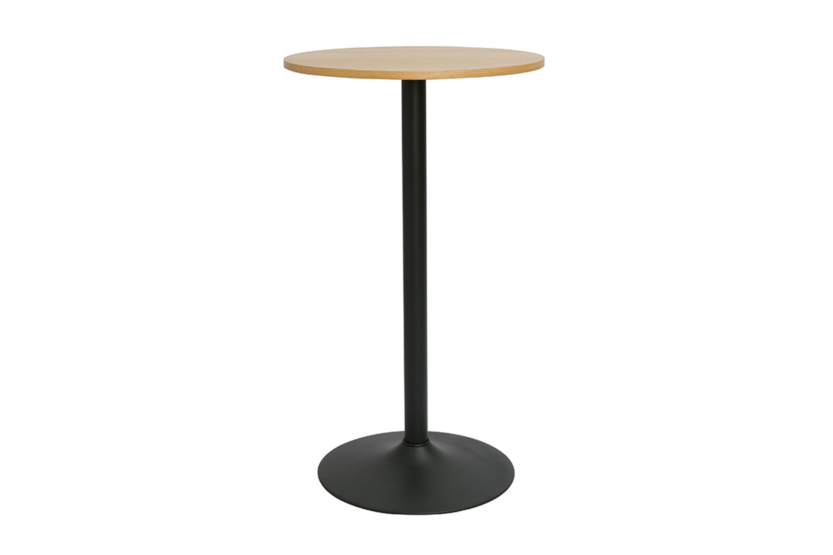 Table haute design ronde en bois clair ch�ne et m�tal noir D60 cm CALISTA