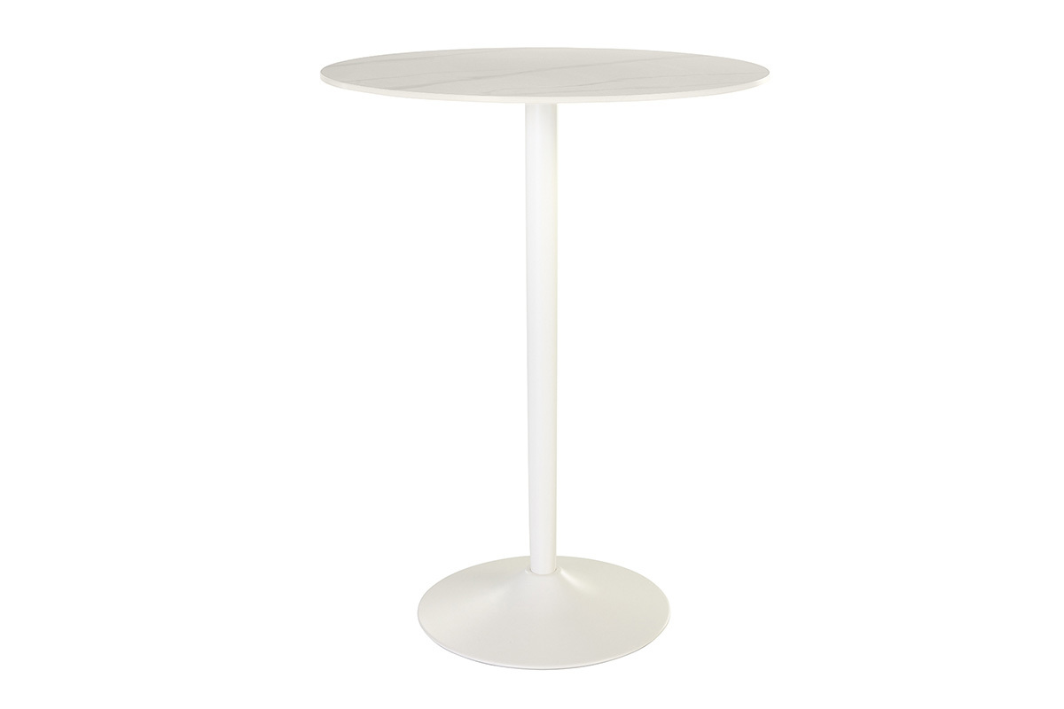 Table � manger ronde en c�ramique blanche et m�tal, vue de face.