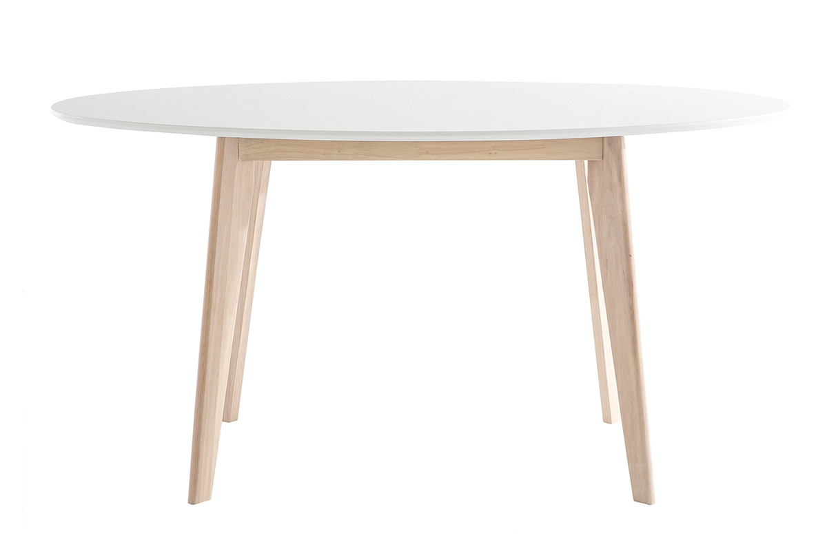 Table scandinave ovale blanche et bois clair avec pieds en bois d'h�v�a, vue de face