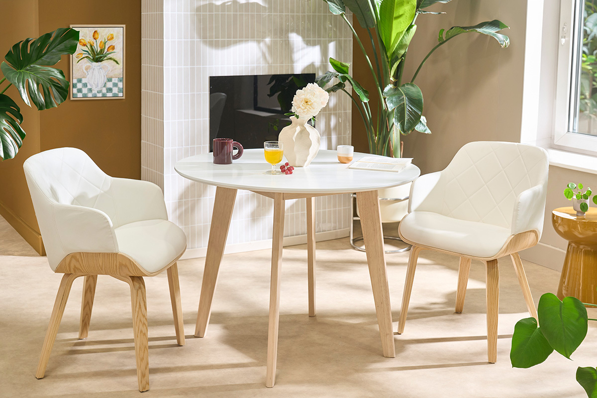 Table scandinave ronde blanc et bois D100 cm LEENA