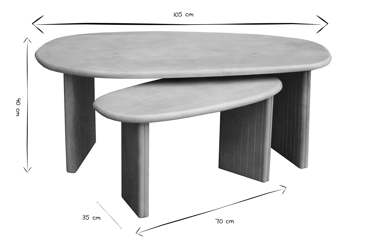 Dimensions des tables basses gigognes en noir et blanc : 105 cm x 70 cm x 40 cm et 35 cm