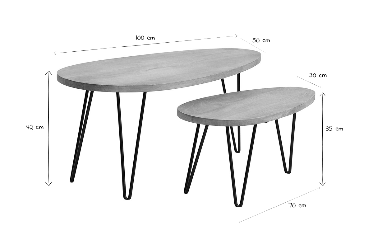 Tables basses gigognes bois clair manguier massif et m�tal noir (lot de 2) VIBES