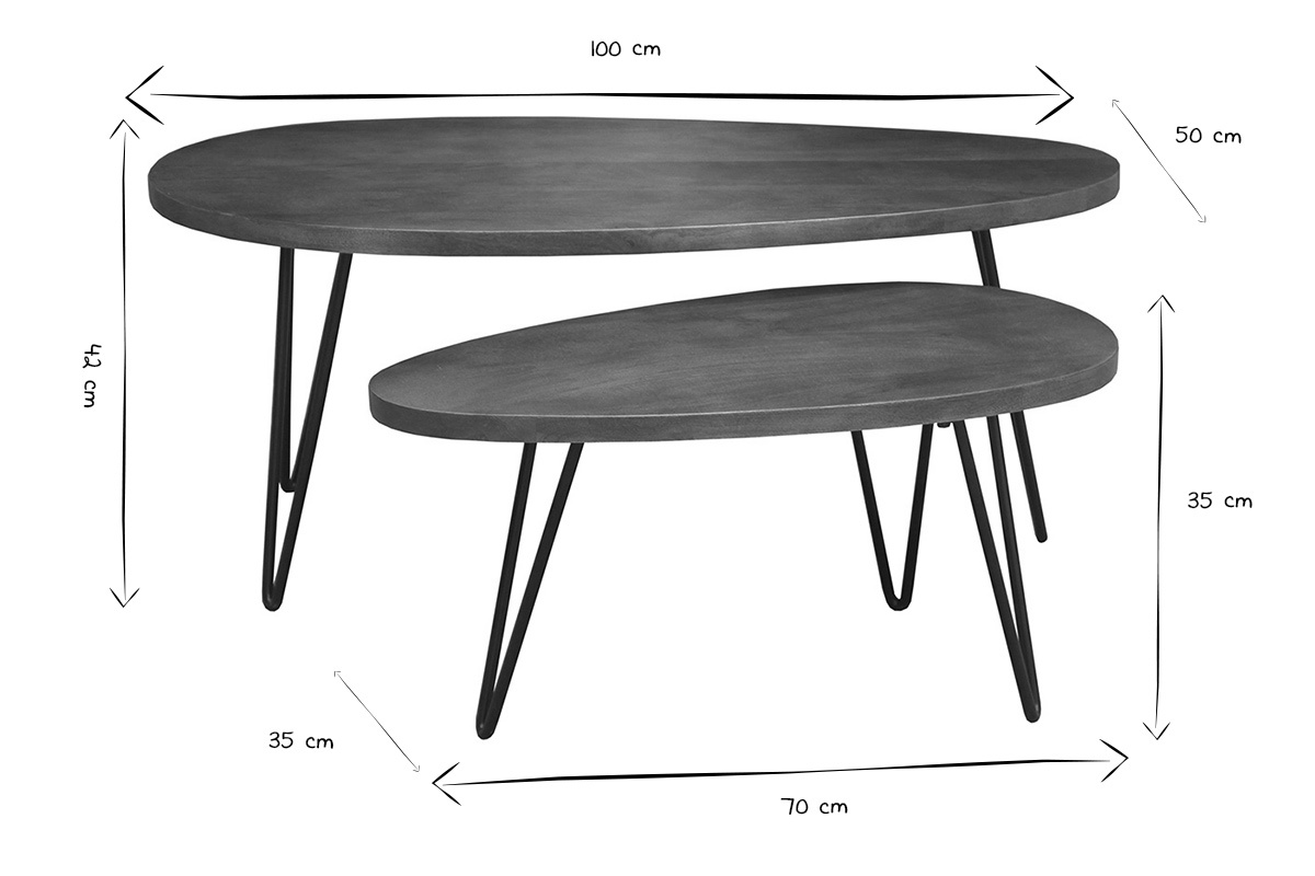 Dimensions des tables basses gigognes en noir et blanc : 100x50 cm et 70x35 cm.