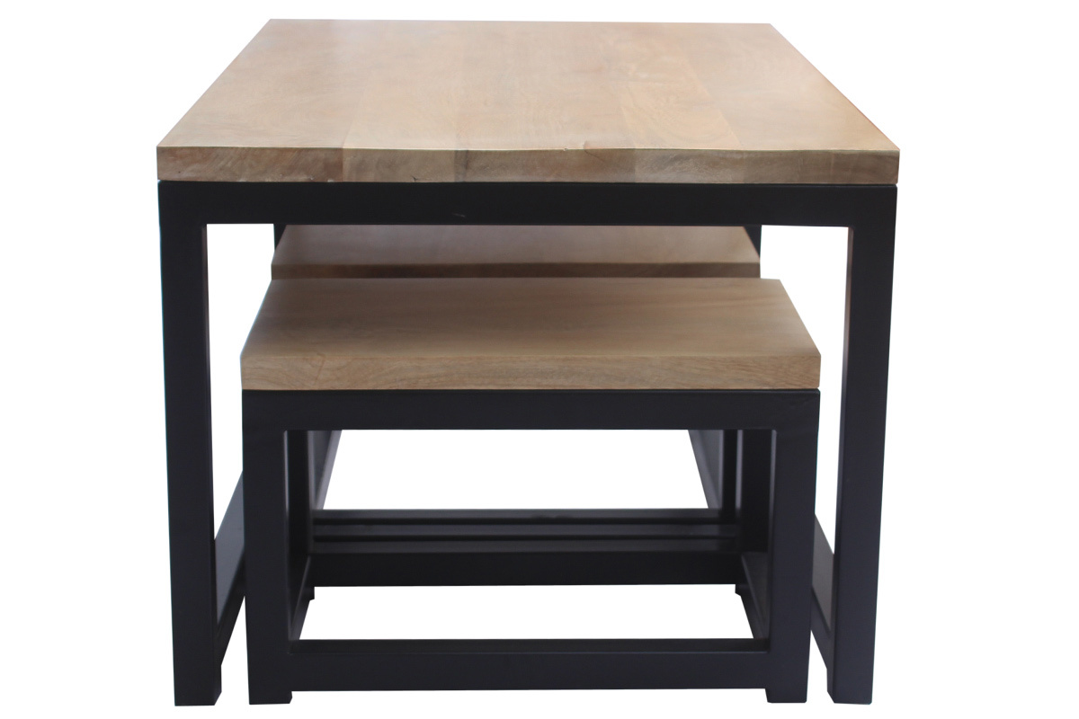 Tables basses gigognes bois manguier massif et m�tal noir (lot de 3) FACTORY
