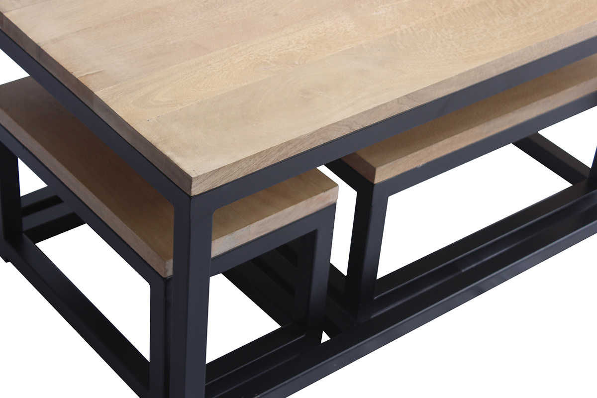 Tables basses gigognes bois manguier massif et m�tal noir (lot de 3) FACTORY