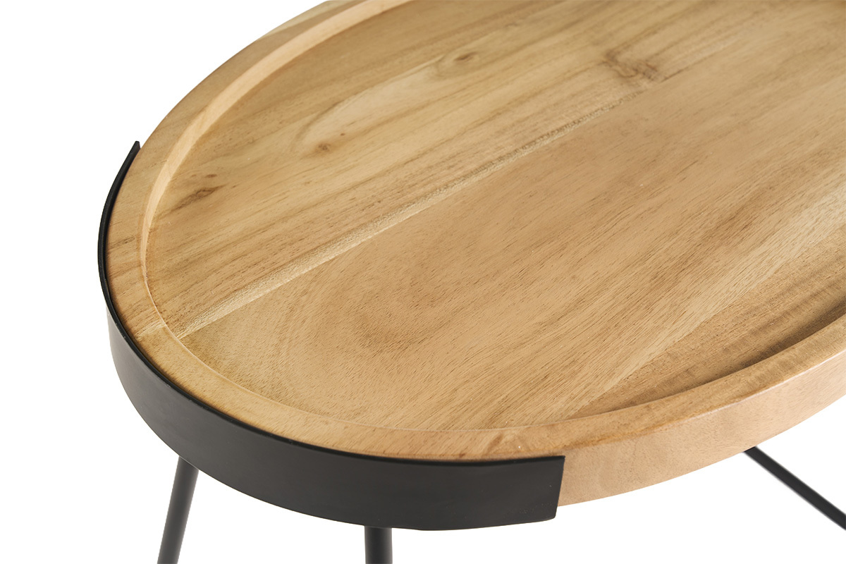 Plateau en bois massif et m�tal noir d'une table basse ELAVO, vue d�taill�e.