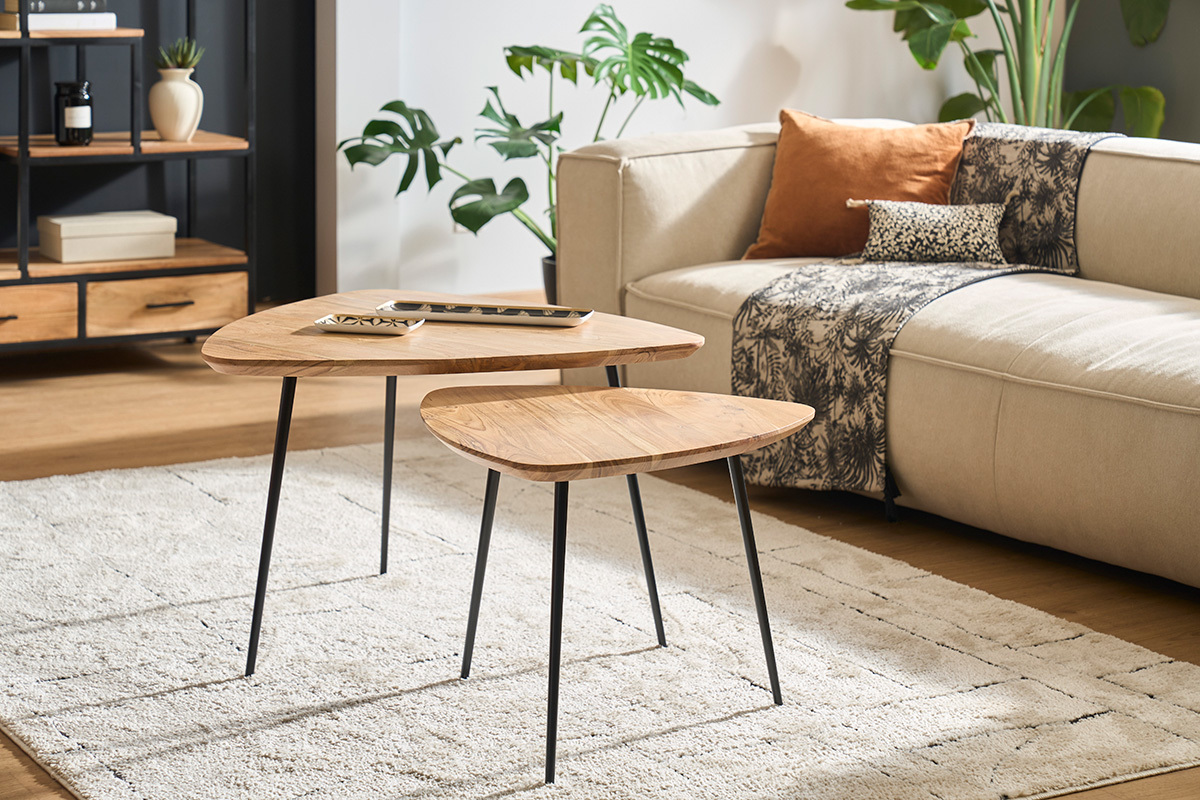 Tables basses gigognes bois massif et m�tal noir (lot de 2) STONES