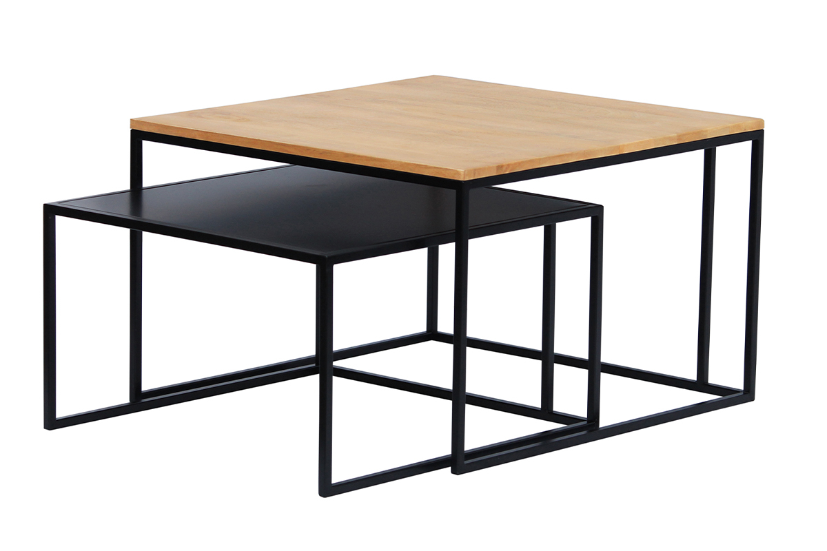 Tables basses gigognes carr�es bois manguier massif et m�tal noir (lot de 2) TAHL