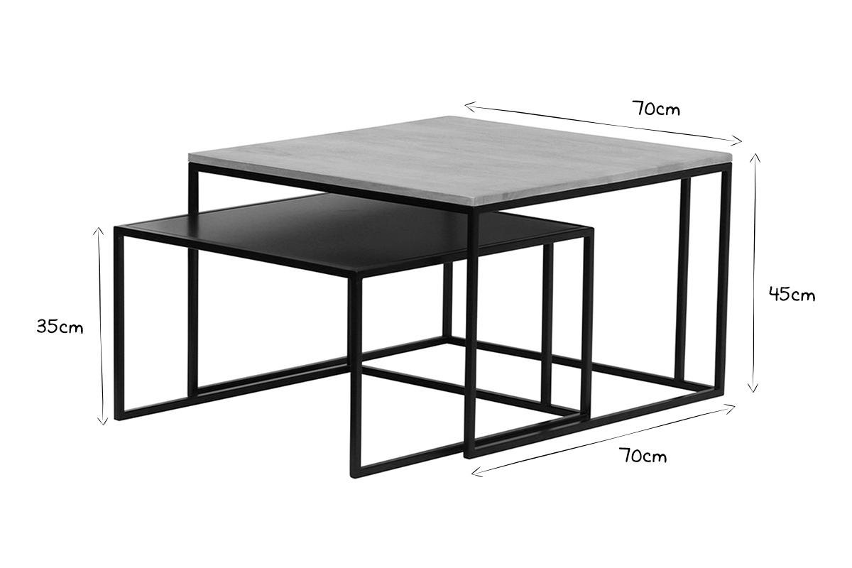 Tables basses gigognes carr�es bois manguier massif et m�tal noir (lot de 2) TAHL
