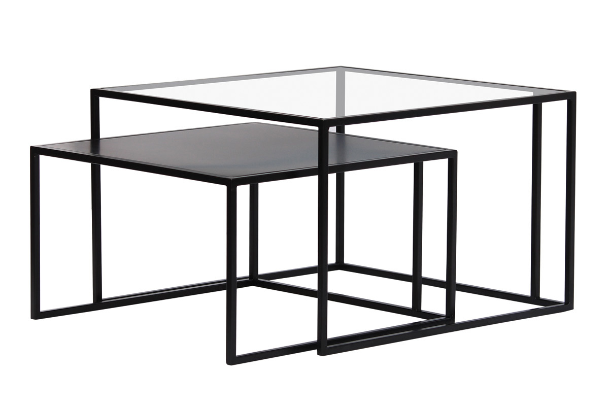 Tables basses gigognes carr�es design verre tremp� et m�tal noir (lot de 2) TAHL