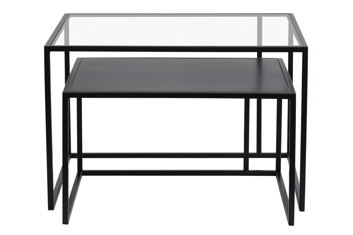 Tables basses gigognes carr�es design verre tremp� et m�tal noir (lot de 2) TAHL