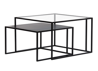Tables basses gigognes carr&eacute;es design verre tremp&eacute; et m&eacute;tal noir (lot de 2) TAHL