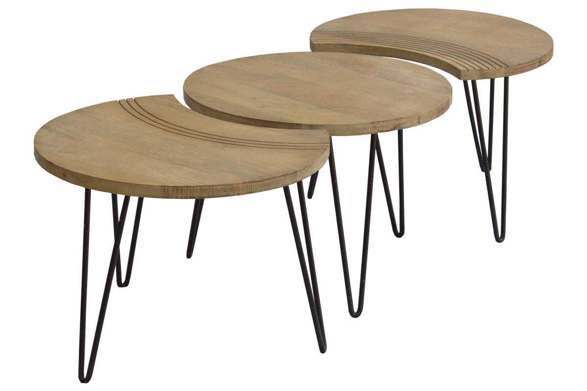 Tables basses gigognes grav�es bois manguier massif et m�tal noir (lot de 3) VIBES