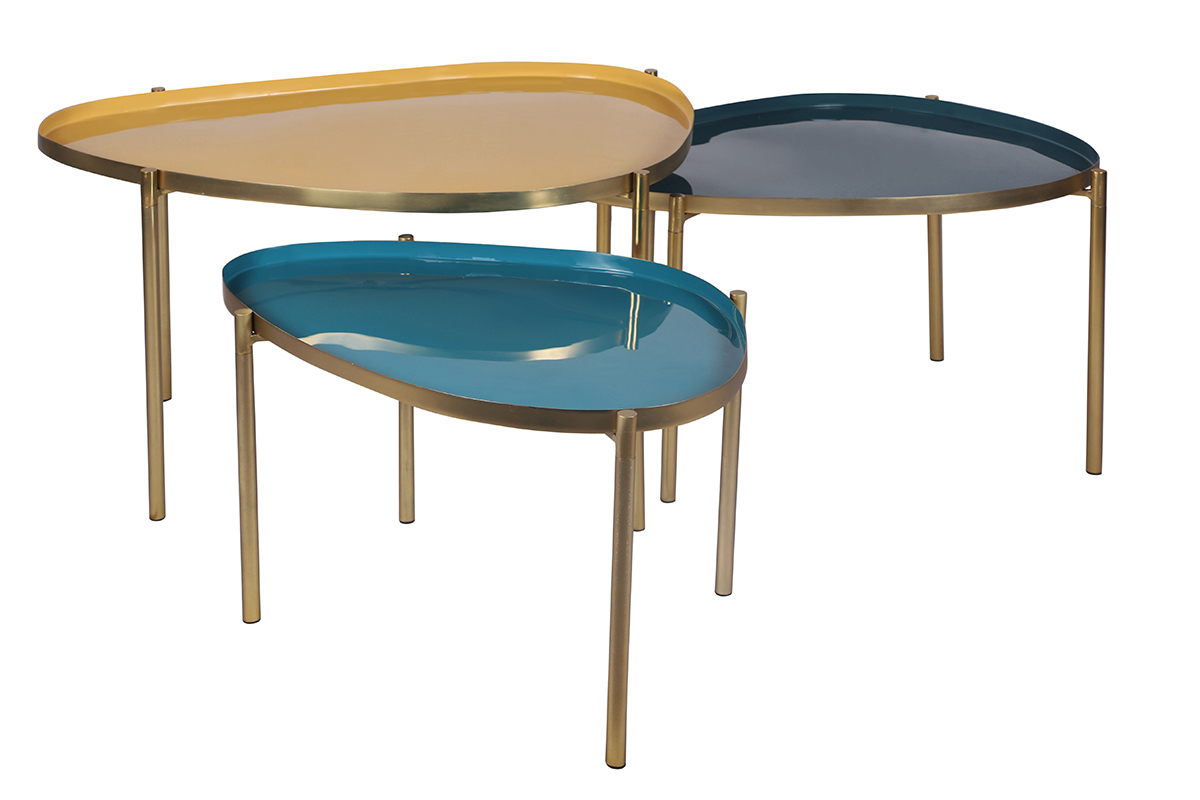 Tables basses gigognes laqu�es moutarde, bleu canard et bleu (lot de 3) ZURIA