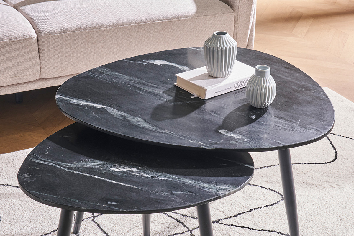 Tables basses gigognes ovales en marbre noir et m�tal (lot de 2) PLATZ