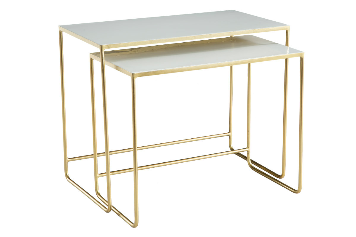 Tables basses gigognes rectangulaires design blanc et m�tal dor� (lot de 2) WESS