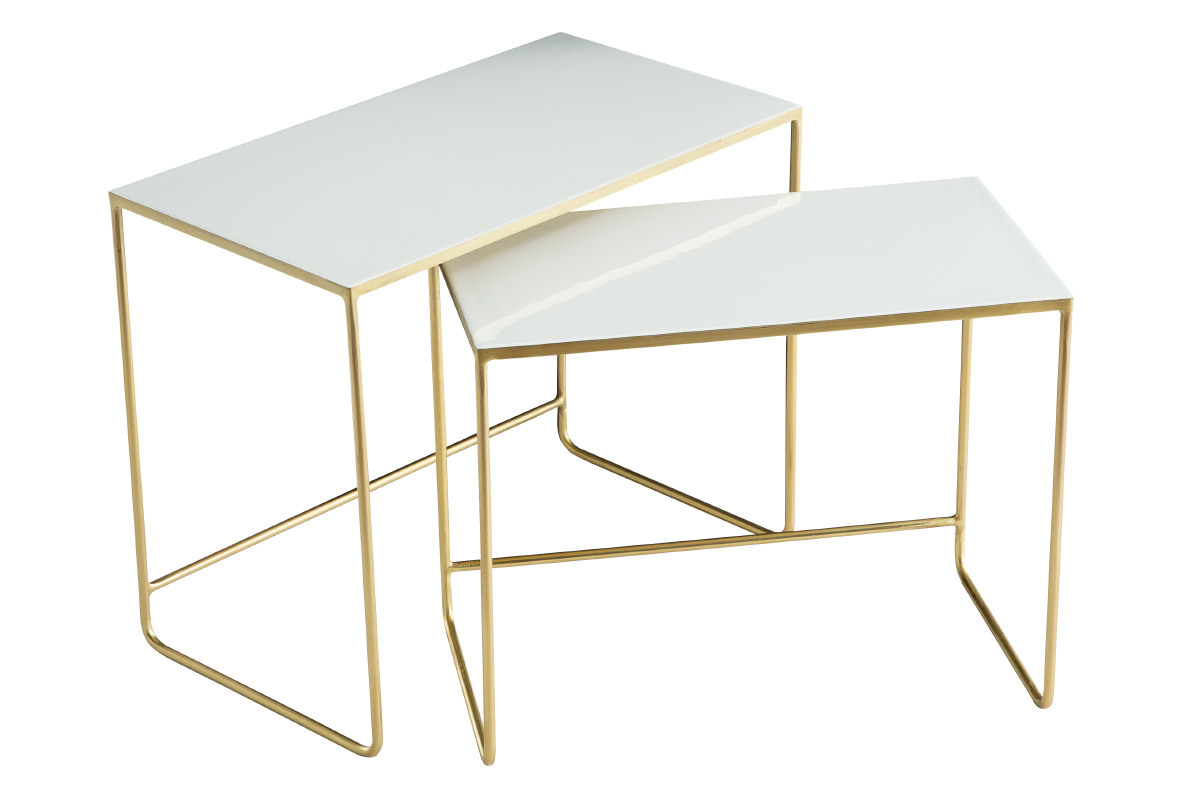 Tables basses gigognes rectangulaires design blanc et m�tal dor� (lot de 2) WESS