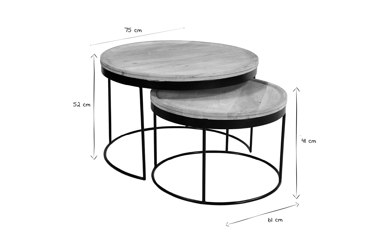 Dimensions des tables basses gigognes rondes en manguier et m�tal noir, en noir et blanc.