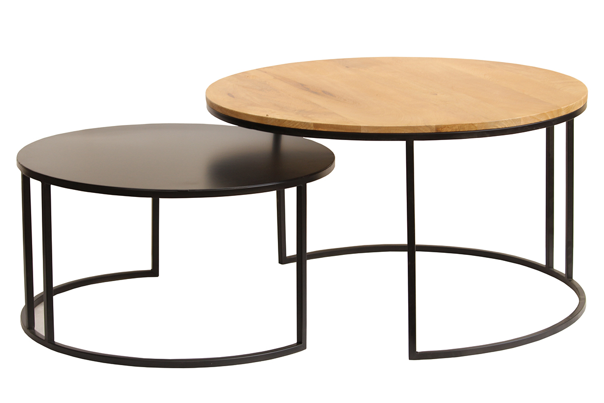 Tables basses gigognes rondes bois manguier massif et m�tal noir (lot de 2) TAHL