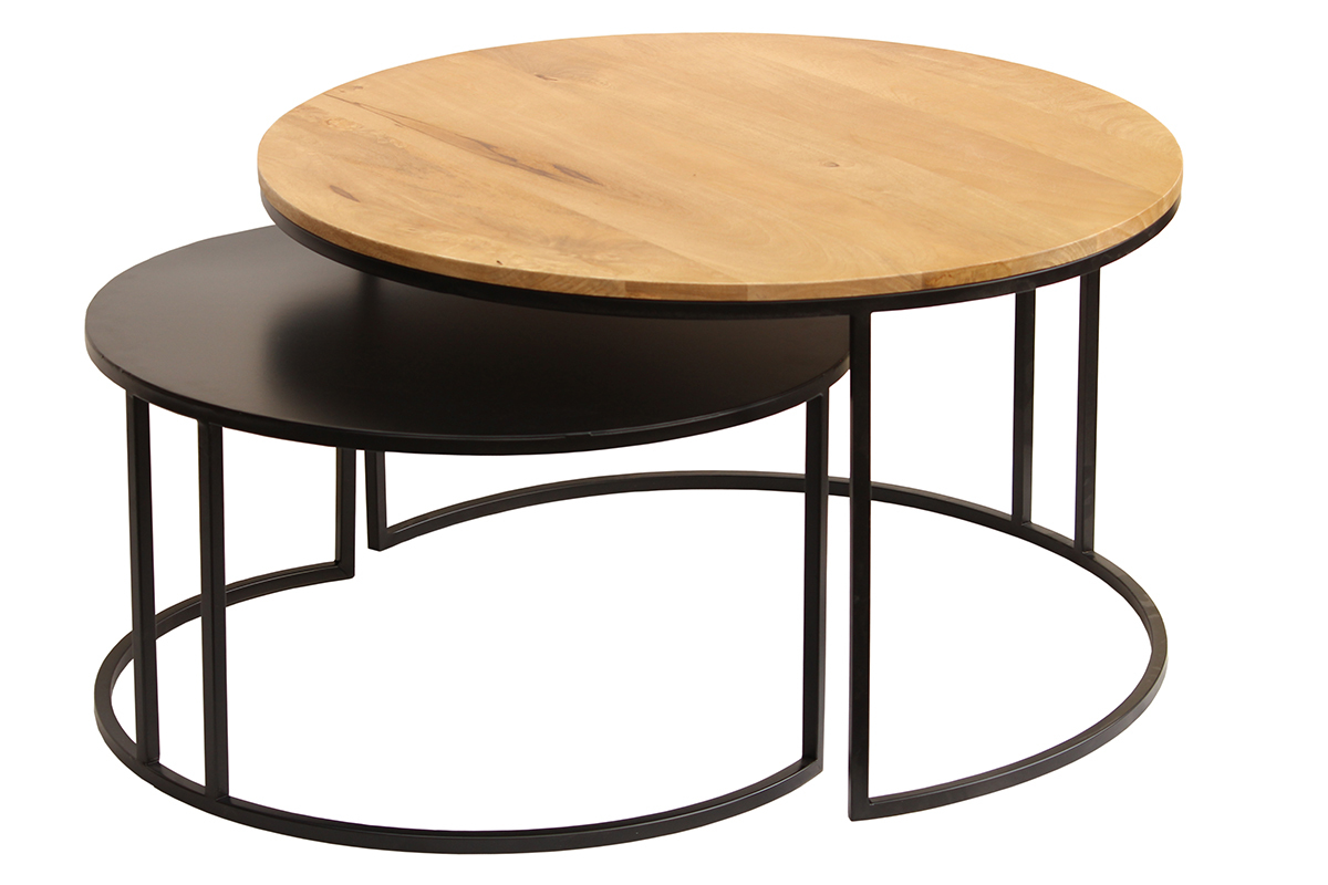 Tables basses gigognes rondes bois manguier massif et m�tal noir (lot de 2) TAHL