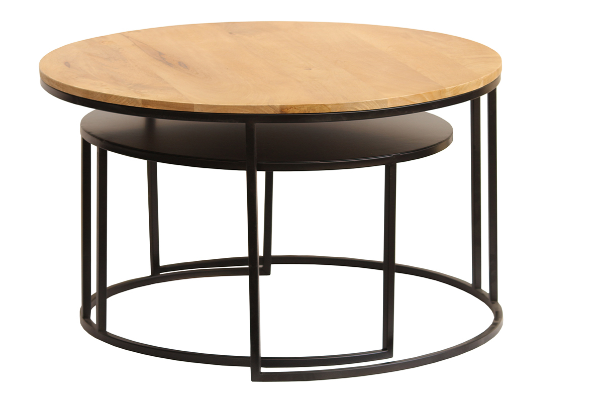 Tables basses gigognes rondes bois manguier massif et m�tal noir (lot de 2) TAHL