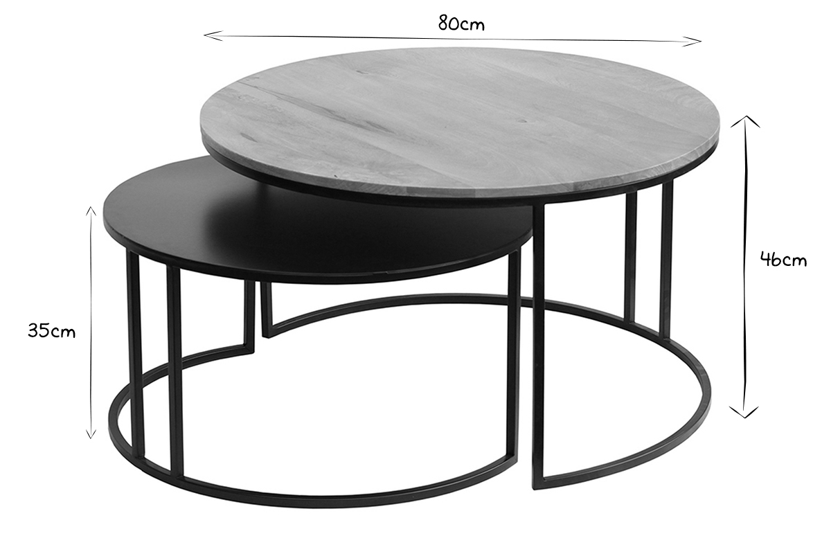 Tables basses gigognes rondes bois manguier massif et m�tal noir (lot de 2) TAHL