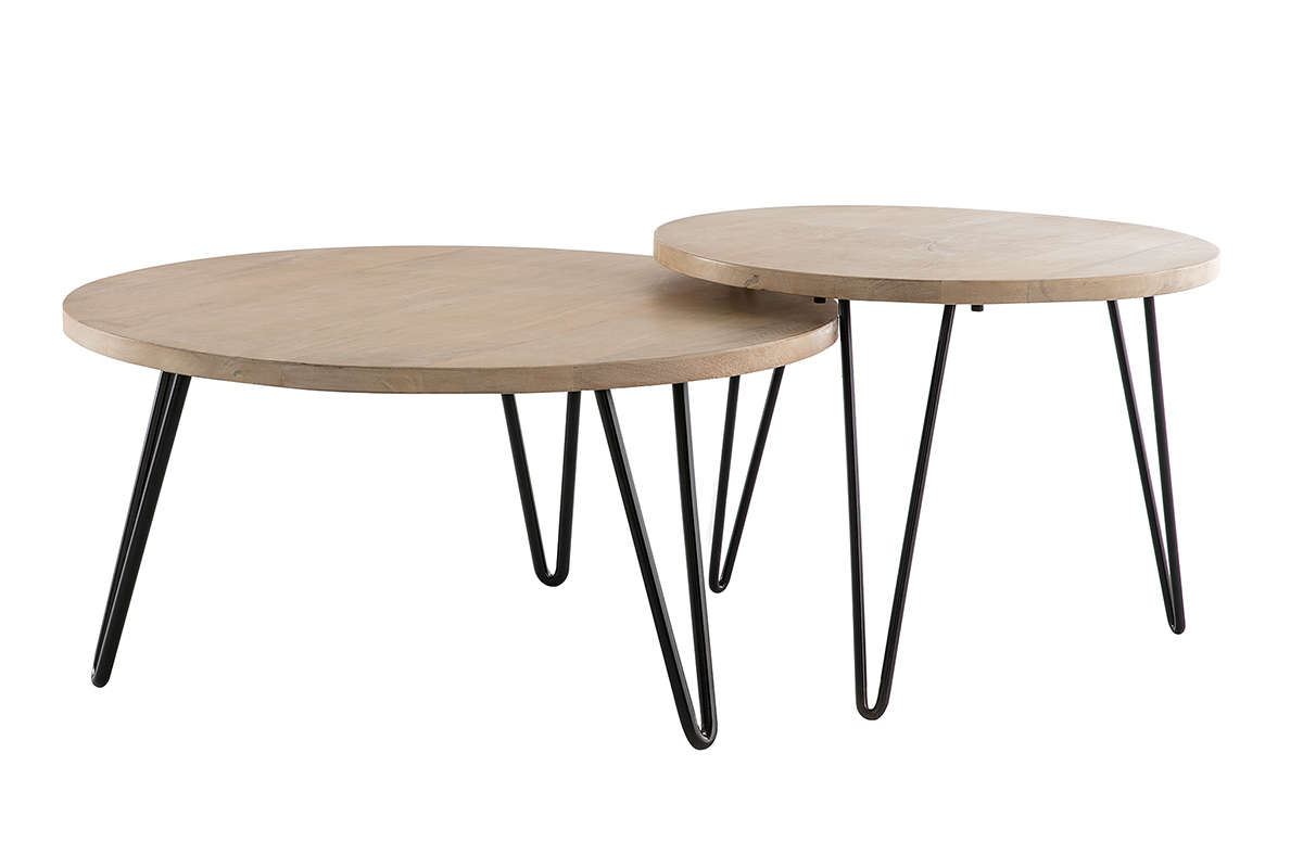 Tables basses gigognes rondes bois manguier massif et m�tal noir (lot de 2) VIBES