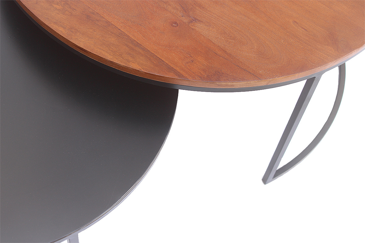 Tables basses gigognes rondes en bois manguier massif et m�tal noir, vue de dessus