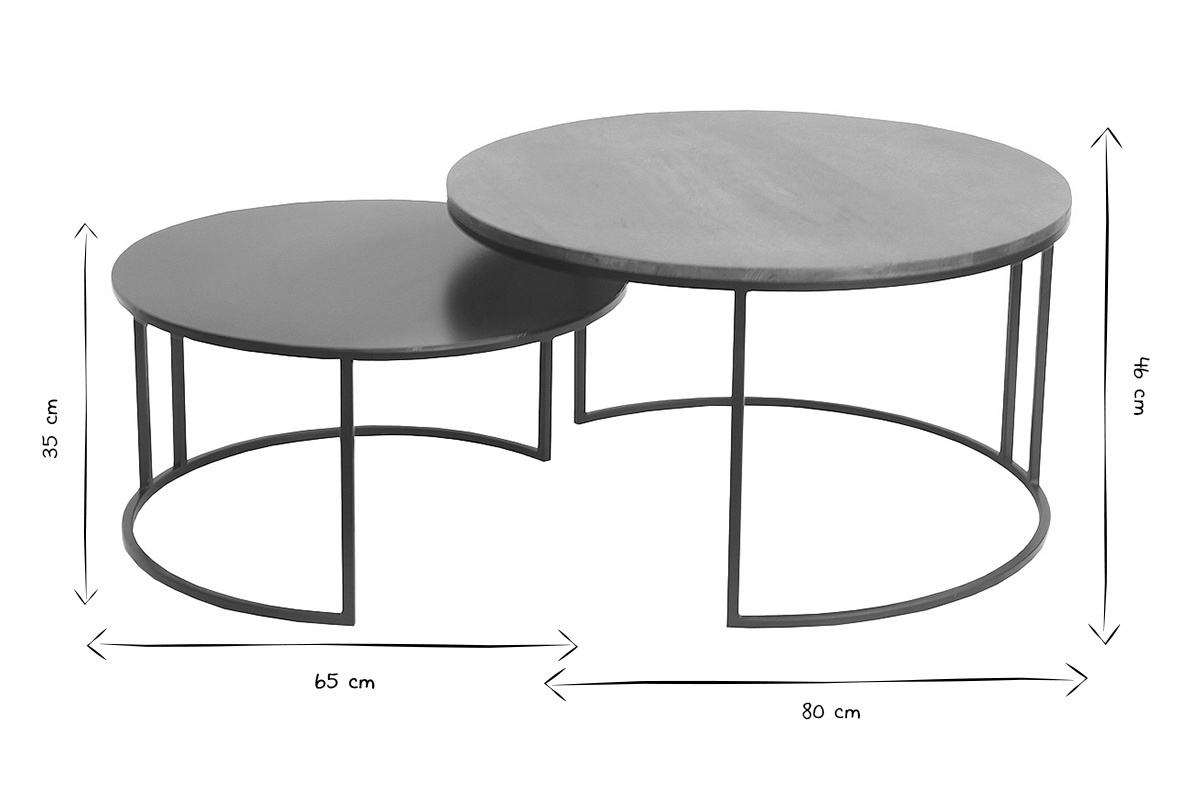 Dimensions en noir et blanc des tables basses gigognes TAHL : 65x65x35 cm et 80x80x46 cm.