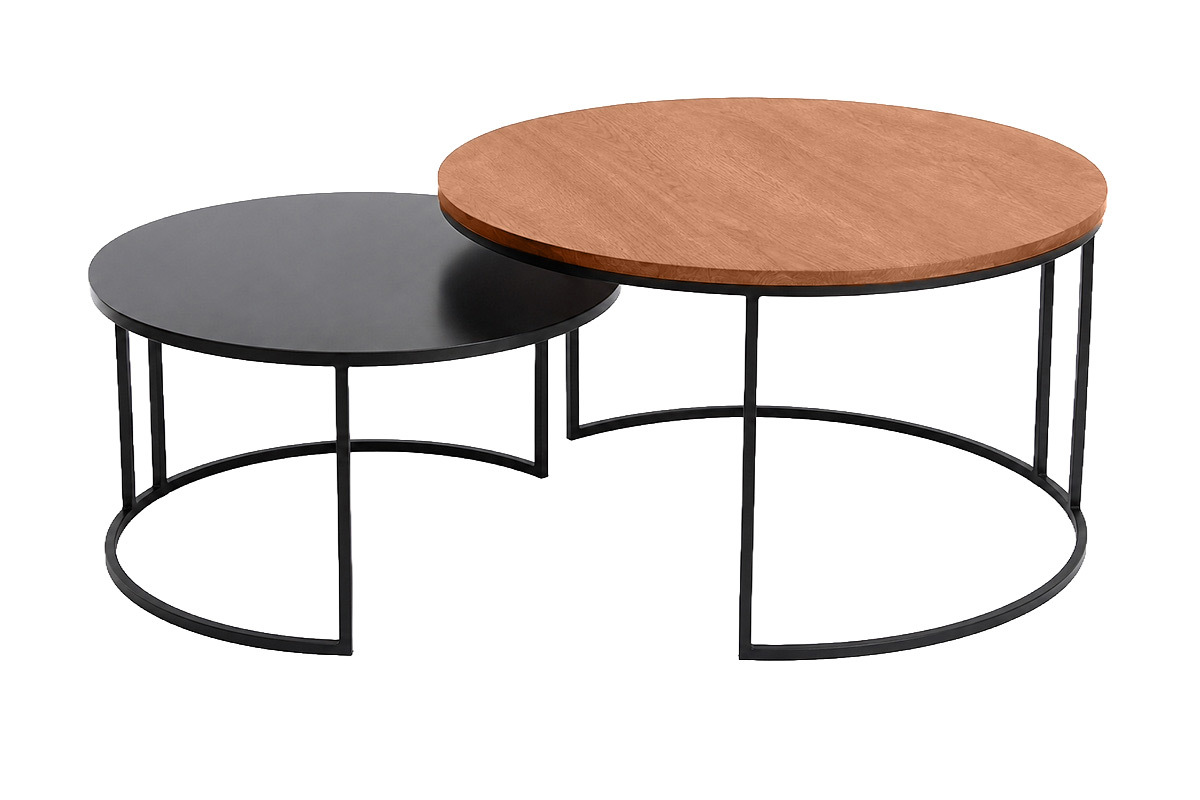 Tables basses gigognes rondes bois manguier massif teint� et m�tal noir (lot de 2) TAHL