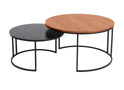 Tables basses gigognes rondes bois manguier massif teint&eacute; et m&eacute;tal noir (lot de 2) TAHL