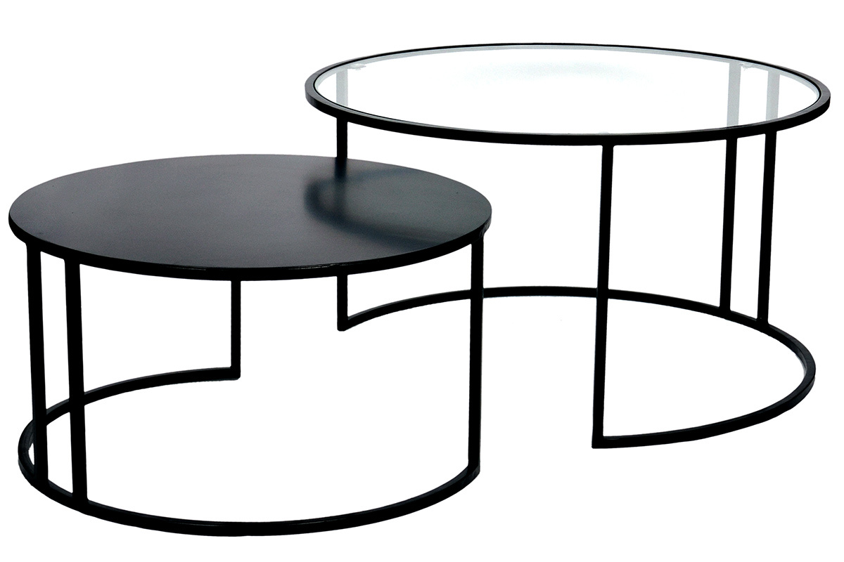 Deux tables rondes gigognes, verre tremp� et m�tal noir, vue de trois quarts.