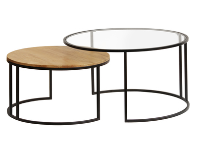 Tables basses gigognes rondes verre tremp&eacute;, bois manguier massif et m&eacute;tal noir (lot de 2) TAHL