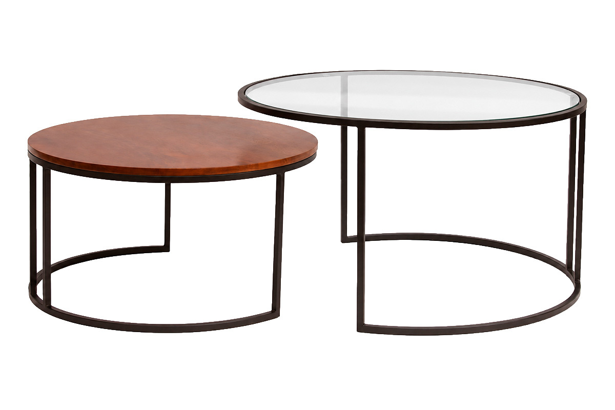 Tables basses gigognes rondes verre tremp�, bois manguier massif teint� et m�tal noir (lot de 2) TAHL