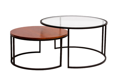 Tables basses gigognes rondes verre tremp&eacute;, bois manguier massif teint&eacute; et m&eacute;tal noir (lot de 2) TAHL
