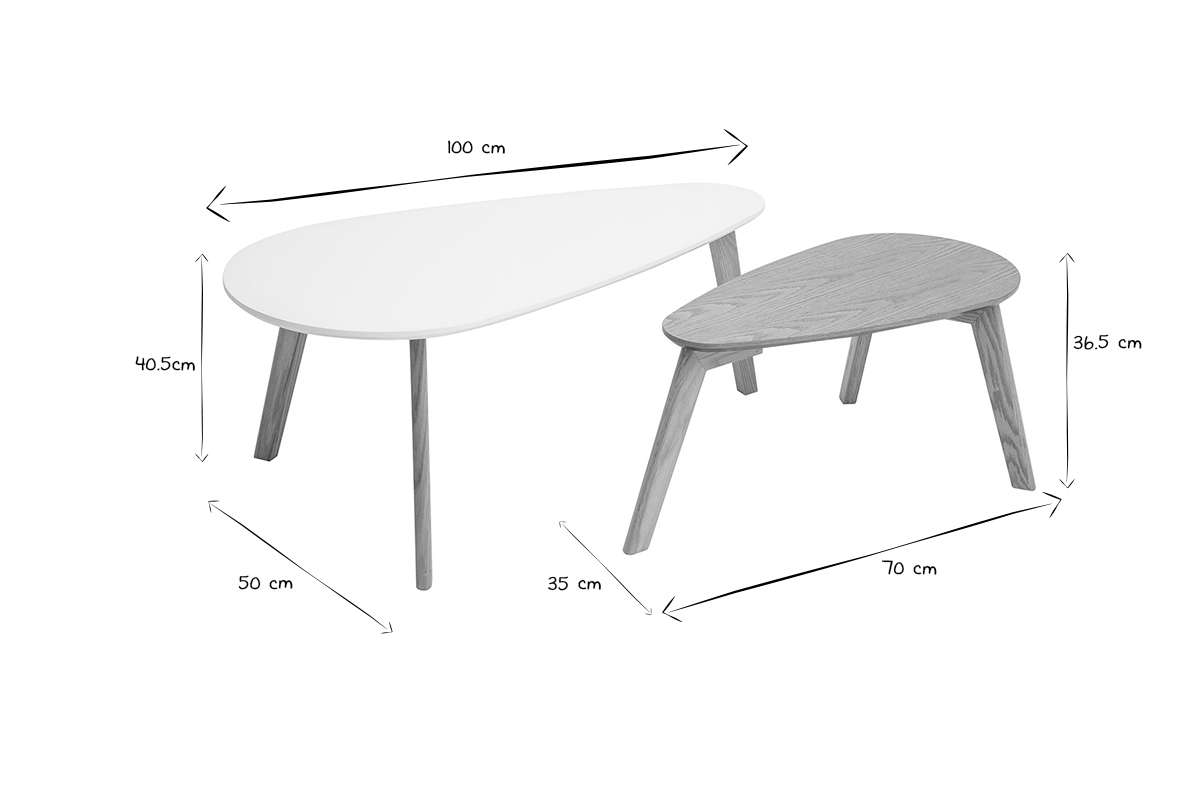 Dimensions des tables basses gigognes en noir et blanc, avec mesures indiqu�es.