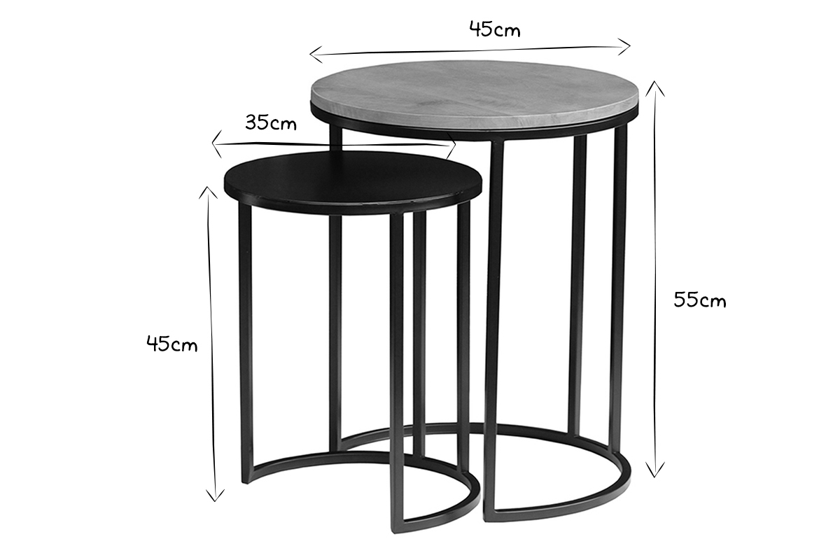 Tables d'appoint gigognes en bois manguier massif et m�tal noir TAHL