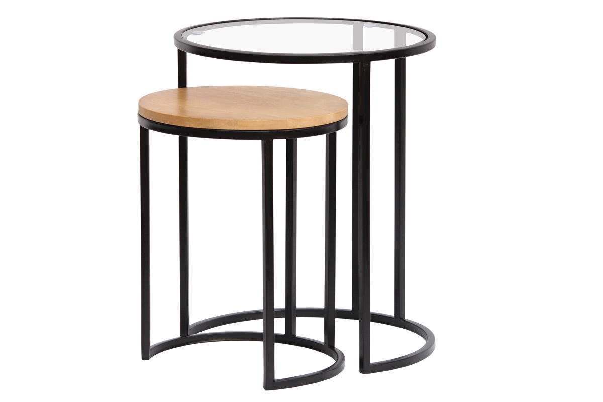 Tables d'appoint gigognes en verre tremp� et bois manguier massif TAHL