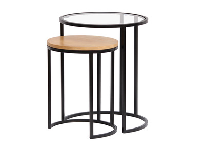 Tables d'appoint gigognes en verre tremp&eacute; et bois manguier massif TAHL