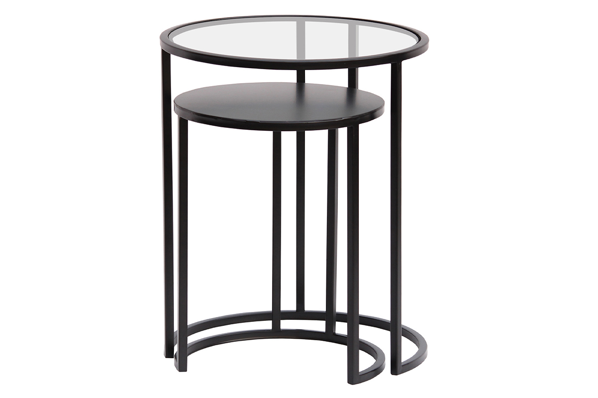 Tables d'appoint gigognes en verre tremp� et m�tal noir TAHL