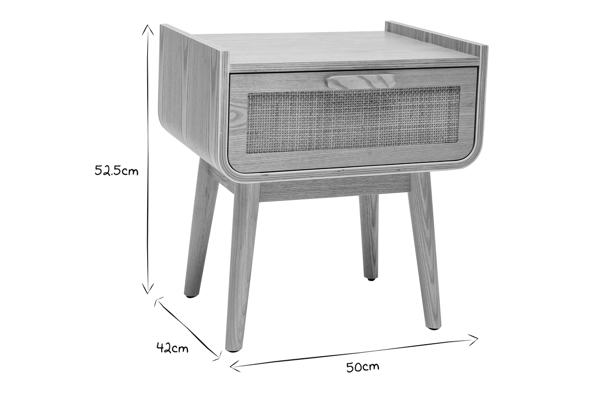 Tables de chevet avec tiroir en bois clair fr�ne et cannage rotin (lot de 2) ATH�NE