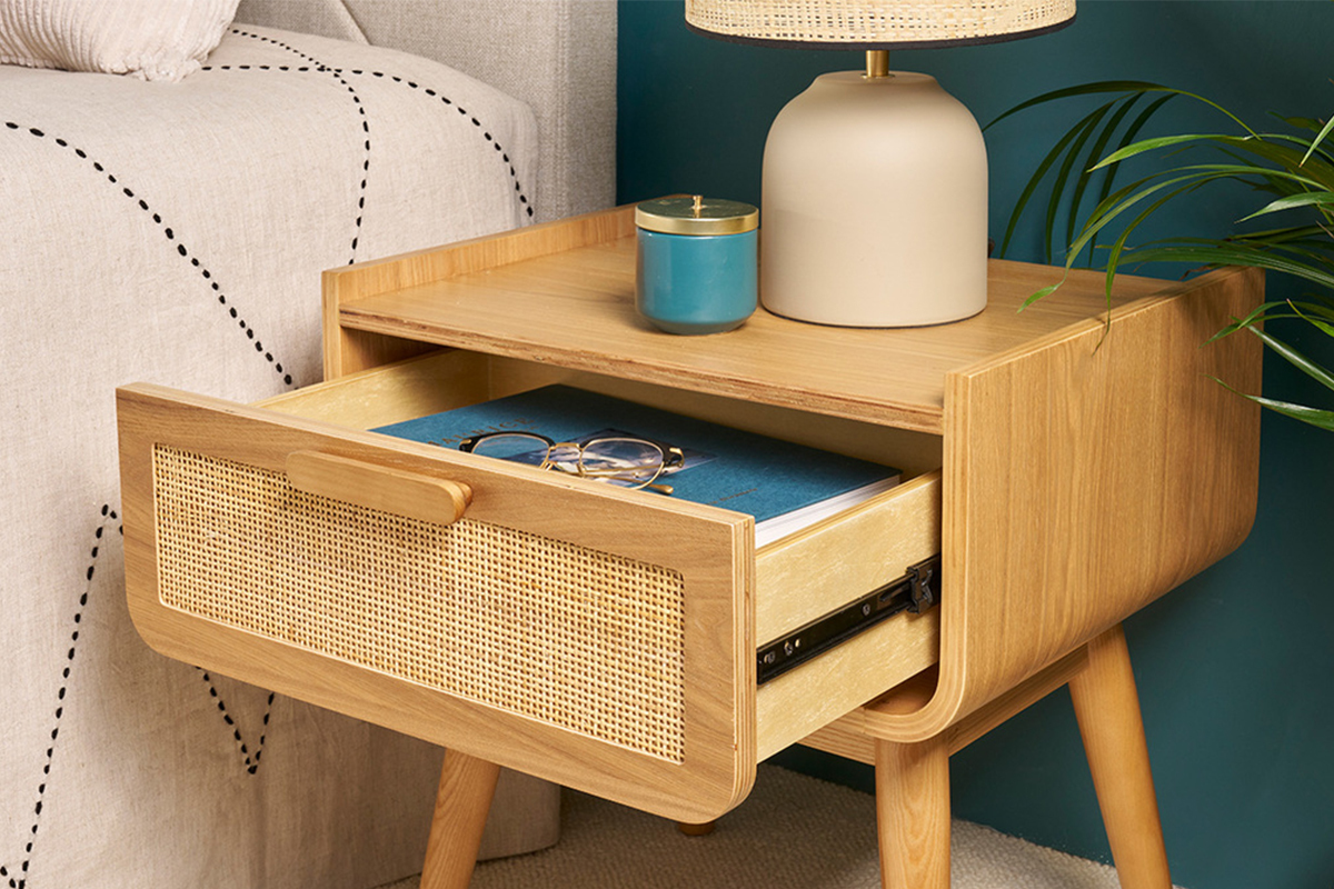 Tables de chevet avec tiroir en bois clair fr�ne et cannage rotin (lot de 2) ATH�NE