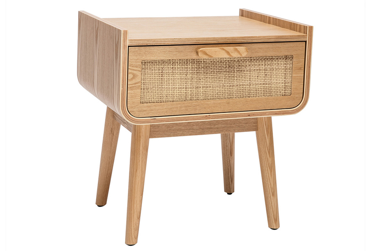 Tables de chevet avec tiroir en bois clair fr�ne et cannage rotin (lot de 2) ATH�NE
