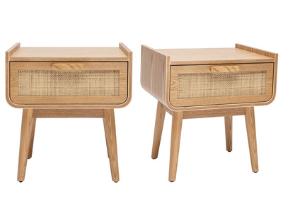 Tables de chevet avec tiroir en bois clair fr&ecirc;ne et cannage rotin (lot de 2) ATH&Egrave;NE