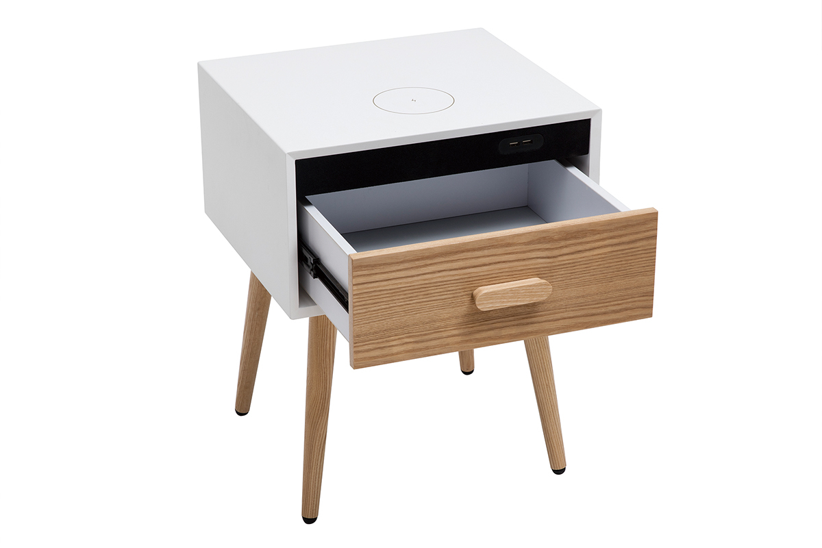 Tables de chevet connect�es multim�dia blanc mat et bois clair massif (lot de 2) PAVAN