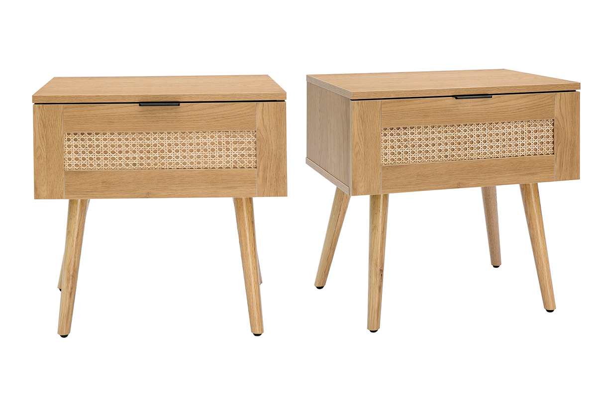 Tables de chevet finition bois clair, cannage rotin et m�tal noir (lot de 2) MANILLE